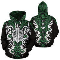 Hawaii Turtle Tribal Green Zip up Hoodie Armor Style Unisex Green - Polynesian Pride