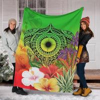 Marshall Islands Premium Blanket - Manta Ray Tropical Flowers (Green) - Polynesian Pride