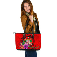 Fiji Polynesian Custom Personalised Large Leather Tote - Floral With Seal Red - Polynesian Pride
