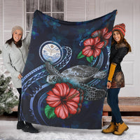 Marshall Islands Polynesian Premium Blanket - Blue Turtle Hibiscus - Polynesian Pride