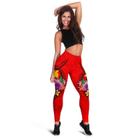 Papua New Guinea Polynesian Women's Leggings - Floral With Seal Red - Polynesian Pride