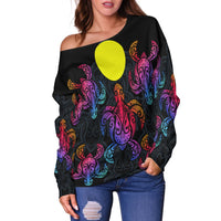 Palau Women's Off Shoulder Sweaters - Sea Turtle In Tribal Polynesian Style - Polynesian Pride