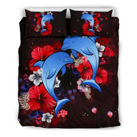 Hawaiian Tropical Hibiscus Dolphin Polynesian Bedding Set Black - Polynesian Pride