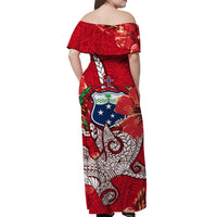Samoa Off Shoulder Long Dress Hammerhead Shark and Hibiscus Red LT13 - Polynesian Pride