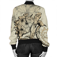 Hawaiian - Hawaii Turtle Hibiscus Polynesian Vintage Bomber Jacket - Beige - AH - Polynesian Pride