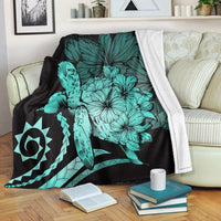 Hawaii Blanket - Hawaii Turtle Hibiscus Polynesian Vintage Premium Blankets - Turquoise - AH White - Polynesian Pride