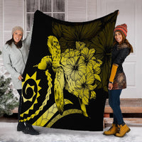 Hawaii Blanket - Hawaii Turtle Hibiscus Polynesian Vintage Premium Blankets - Yellow - AH - Polynesian Pride