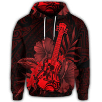 Hawaiian Hoodie Hawaiian Ukulele Flower Hoodie Red - Polynesian Pride