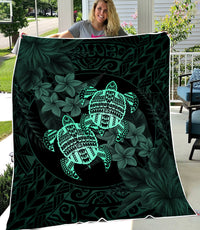 Hawaii Premium Blanket - Turtle Strong Pattern Hibiscus Plumeria Turquoise AH - Polynesian Pride