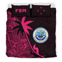 Federated States Of Micronesia Duvet Cover Set - Federated States Of Micronesia Coat Of Arms & Coconut Tree Pink Blue - Polynesian Pride