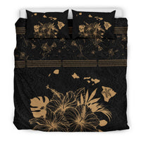 Hawaiian Map Hibiscus Turtle Polynesian Black And Gold Bedding Set - Polynesian Pride