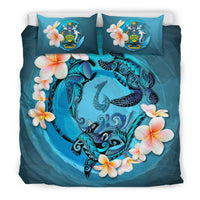 Polynesian Duvet Cover Set - Solomon Islands Bedding Set Blue Plumeria Animal Tattoo Blue - Polynesian Pride