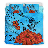 Polynesian Map Kanaka Hammerhead Shark Hibiscus Plumeria Bedding Set - Polynesian Pride