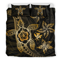 Hawaiian Map Art Turtle Kanaka Hibiscus Plumeria Gold Polynesian Bedding Set - Polynesian Pride