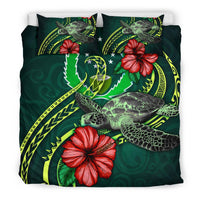 Polynesian Bedding Set - Pohnpei Micronesia Duvet Cover Set Green Turtle Hibiscus - Polynesian Pride