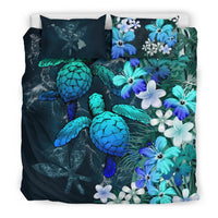 Kanaka Maoli (Hawaiian) Bedding set - Sea Turtle Tropical Hibiscus And Plumeria Blue - Polynesian Pride