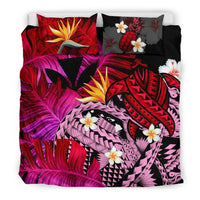 Kanaka Maoli (Hawaiian) Bedding Set, Polynesian Pineapple Banana Leaves Turtle Tattoo Pink - Polynesian Pride