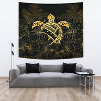 Hawaii Turtle Kanaka Golden Tapestry Wall Tapestry Large 104" x 88" Black - Polynesian Pride