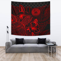 American Samoa Tapestry - Turtle Hibiscus Pattern Red Wall Tapestry Large 104" x 88" Red - Polynesian Pride