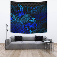 Fiji Tapestry - Turtle Hibiscus Pattern Blue Wall Tapestry Large 104" x 88" Blue - Polynesian Pride