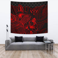 Kosrae Tapestry - Turtle Hibiscus Pattern Red Wall Tapestry Large 104" x 88" Red - Polynesian Pride