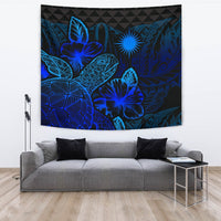 Marshall Islands Tapestry - Turtle Hibiscus Pattern Blue Wall Tapestry Large 104" x 88" Blue - Polynesian Pride