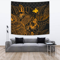 Papua New Guinea Tapestry - Turtle Hibiscus Pattern Gold Wall Tapestry Large 104" x 88" Gold - Polynesian Pride