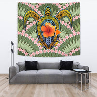 Hawaii Turtle Map Plumeria Hawaiian Tropical Tapestry - Candy Style - AH Wall Tapestry Large 104" x 88" Green - Polynesian Pride