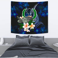 Pohnpei Micronesia Tapestry - Turtle With Plumeria Flowers One Style Medium 80" x 68" Blue - Polynesian Pride