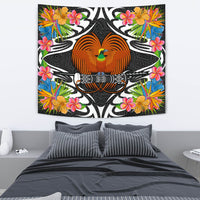 Papua New Guinea Tapestry - Coat Of Arms With Tropical Flowers Papua New Guinea Medium 80" x 68" Black - Polynesian Pride