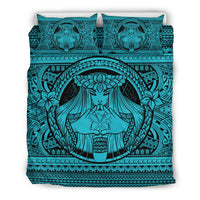 Hawaiian Map Madame Pele Kanaka Plumeria Polynesian Bedding Set Blue Blue - Polynesian Pride