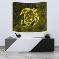 Hawaii Turtle Kanaka Map Hibiscus Poly Tapestry - Yellow Wall Tapestry Small 60" x 51" Yellow - Polynesian Pride