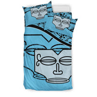 Marquesas Islands Duvet Cover Set - Tiki Face Pattern Blue - Polynesian Pride