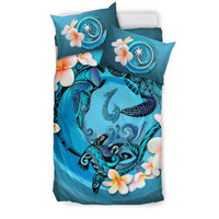 Polynesian Duvet Cover Set - Chuuk Bedding Set Blue Plumeria Animal Tattoo - Polynesian Pride