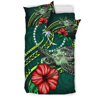 Polynesian Bedding Set - Chuuk Micronesia Duvet Cover Set Green Turtle Hibiscus - Polynesian Pride