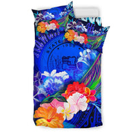 Polynesian Hawaii Bedding Set - Humpback Whale with Tropical Flowers (Blue) - Polynesian Pride