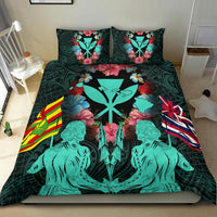 Hawaii Map Kanaka Two Men Holding Flag Bedding Set - AH - Turquoise - Polynesian Pride