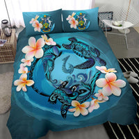 Polynesian Duvet Cover Set - Solomon Islands Bedding Set Blue Plumeria Animal Tattoo - Polynesian Pride