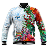 Fiji Baseball Jacket Proud Fijian Tapa mix Tagimoucia Flowers LT13 Unisex White - Polynesian Pride