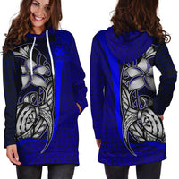 Samoa Polynesian Women's Hoodie Dress Blue - Turtle With Hook - Polynesian Pride