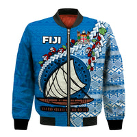 Fiji Bomber Jacket Fijian Drua Mix Tagimaucia Flower Blue Style LT14 - Polynesian Pride