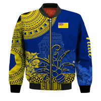 Niue Hiapo Bomber Jacket Rock of Polynesia Tapa Niuean Crab Happy Day LT13 Unisex Blue - Polynesian Pride