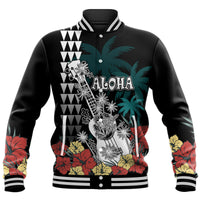 (Custom Personalised) Hawaii Ukulele Mix Hibiscus and Coconut Tree Baseball Jacket Aloha Vintage Black Version LT9 Unisex Black - Polynesian Pride