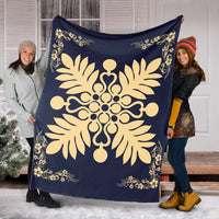 Hawaiian Quilt Maui Plant And Hibiscus Premium Blanket - Beige Indigo - AH - Polynesian Pride