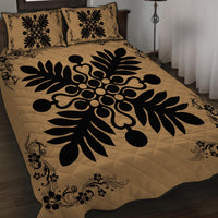 Hawaiian Quilt Maui Plant And Hibiscus Pattern Quilt Bed Set - Black Gold - AH - Polynesian Pride