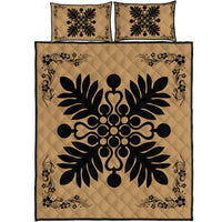 Hawaiian Quilt Maui Plant And Hibiscus Pattern Quilt Bed Set - Black Gold - AH Black - Polynesian Pride