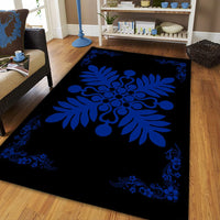 Hawaiian Quilt Maui Plant And Hibiscus Pattern Area Rug - Blue Black - AH - Polynesian Pride