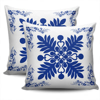 Hawaiian Quilt Maui Plant And Hibiscus Pattern Pillow Covers - Blue White - AH - Polynesian Pride