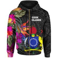 Cook Islands Zip up Hoodie Polynesian Hibiscus Pattern Unisex Black - Polynesian Pride