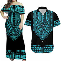 Custom Outfit For Couple Polynesian Tribal Matching Dress and Hawaiian Shirt Dashiki with Polynesian Tattoo Royal Turquoise Version LT14 Turquoise - Polynesian Pride